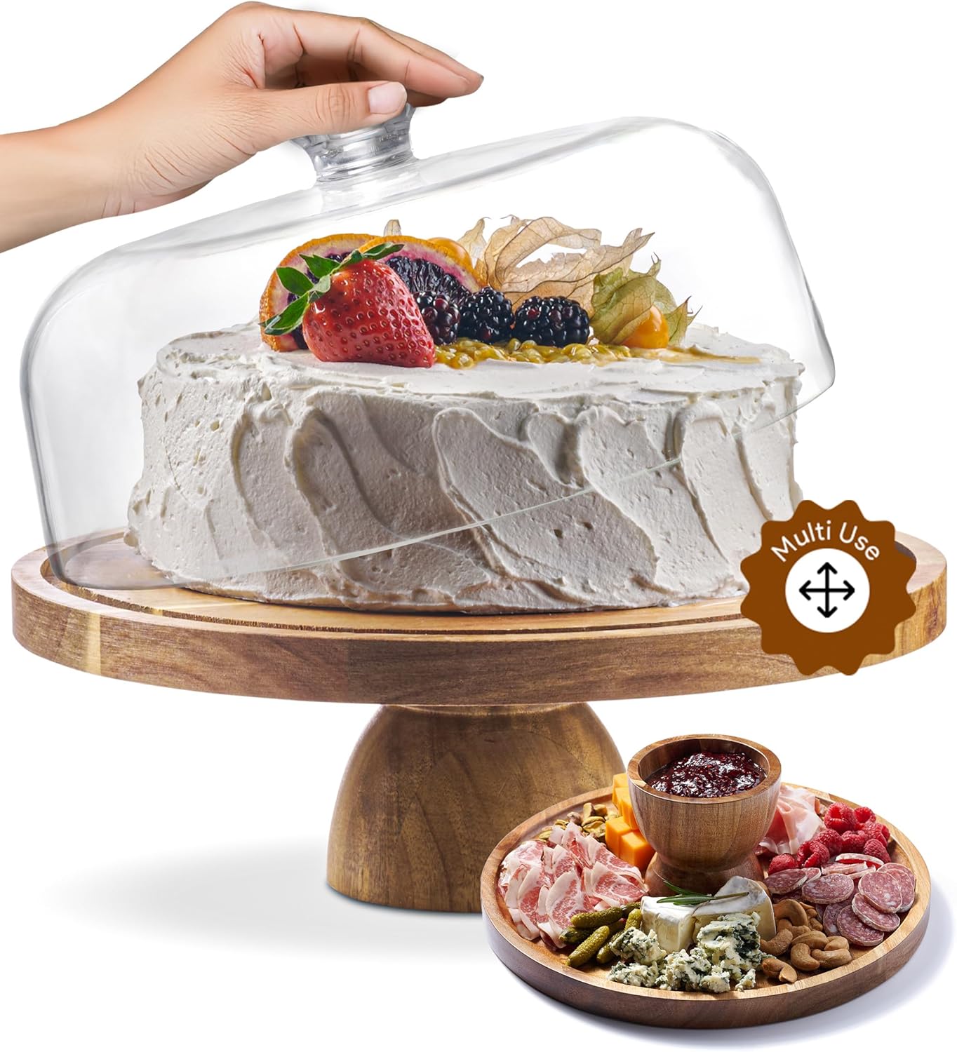 Cake Board Round - Acacia Wood Cake Stand with Dome
