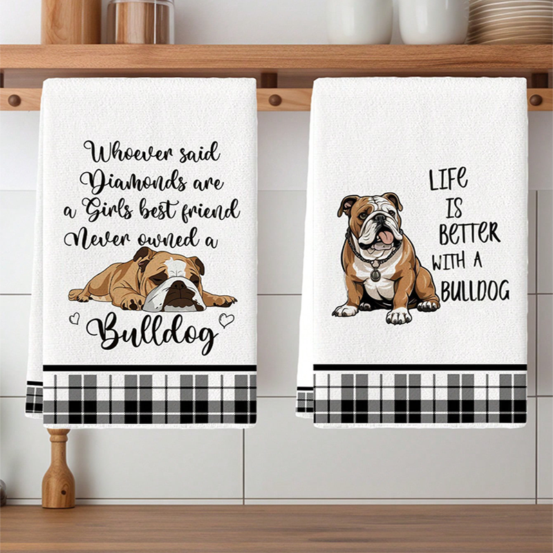 Kitchen Baking Quotes - 2Pcs, Bulldog Cute Quotes Kitchen Towels,